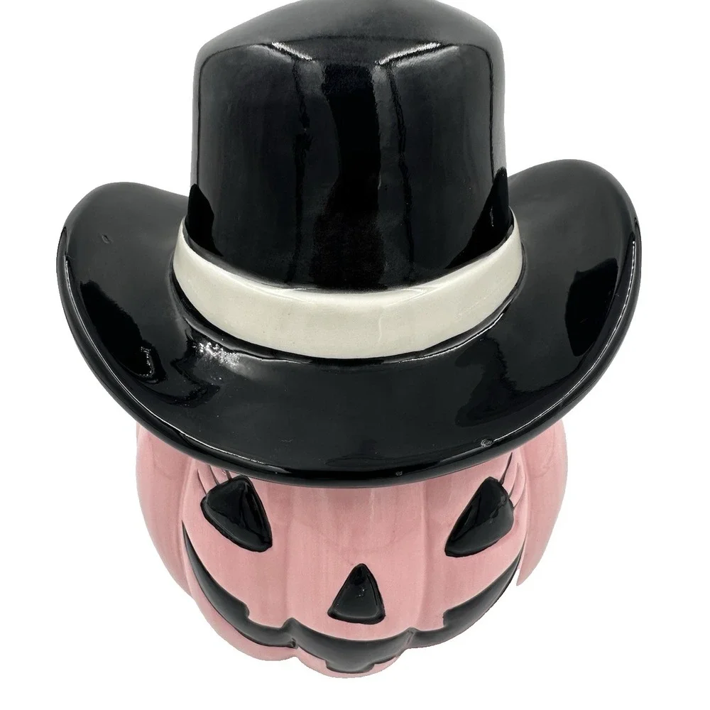 Pink Pumpkin Cowboy Hat Cookie Jar Ceramic Halloween Decor Pinkoween